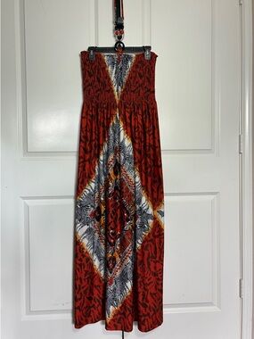 Bohemian Orange Zebra Printed Strapless Maxi Dress with beaded accent 2X